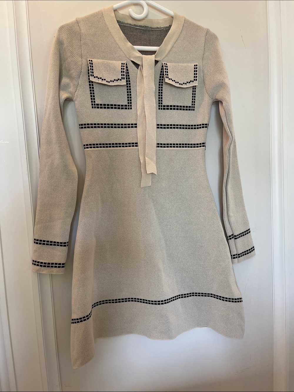 Cream Knit A-Line Dress with Black Trim and Tie Neck